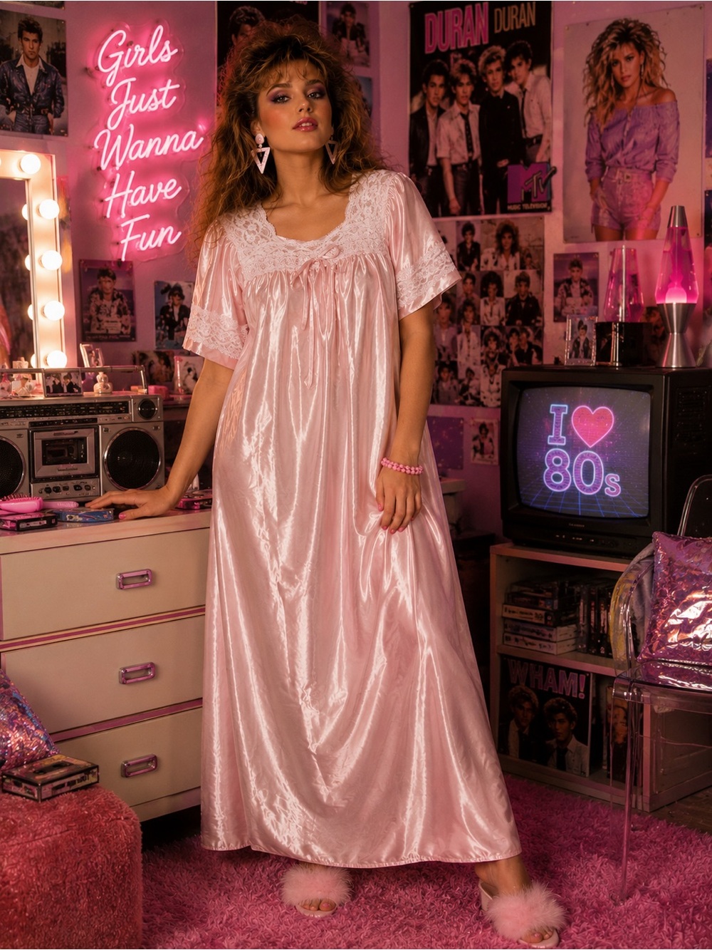 Vintage 80s Lace-Trim Satin Nightgown in Pale Pink White Lace Soft Delicate